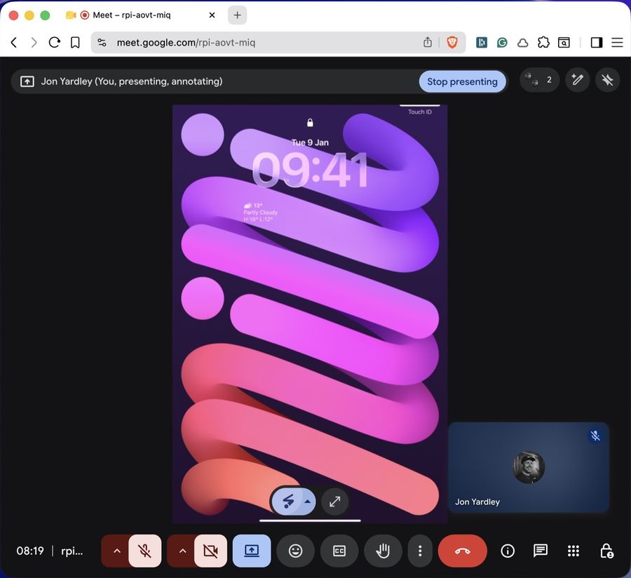 A Google Meet call presenting the SharePad window, with the iPad's screen shown at full size.