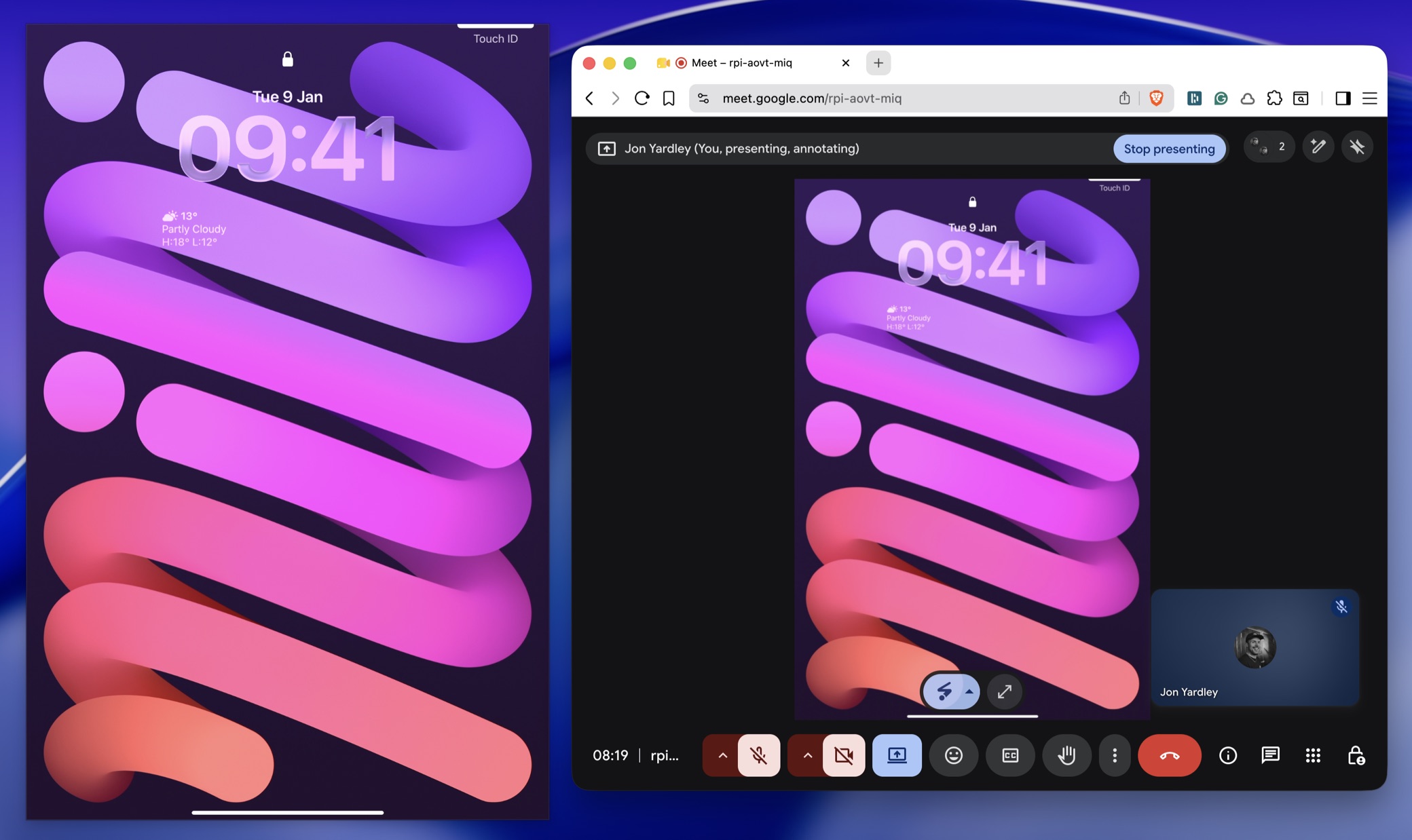 SharePad sharing a connected iPad's screen into a Google Meet call, shown full-size as a shared window.
